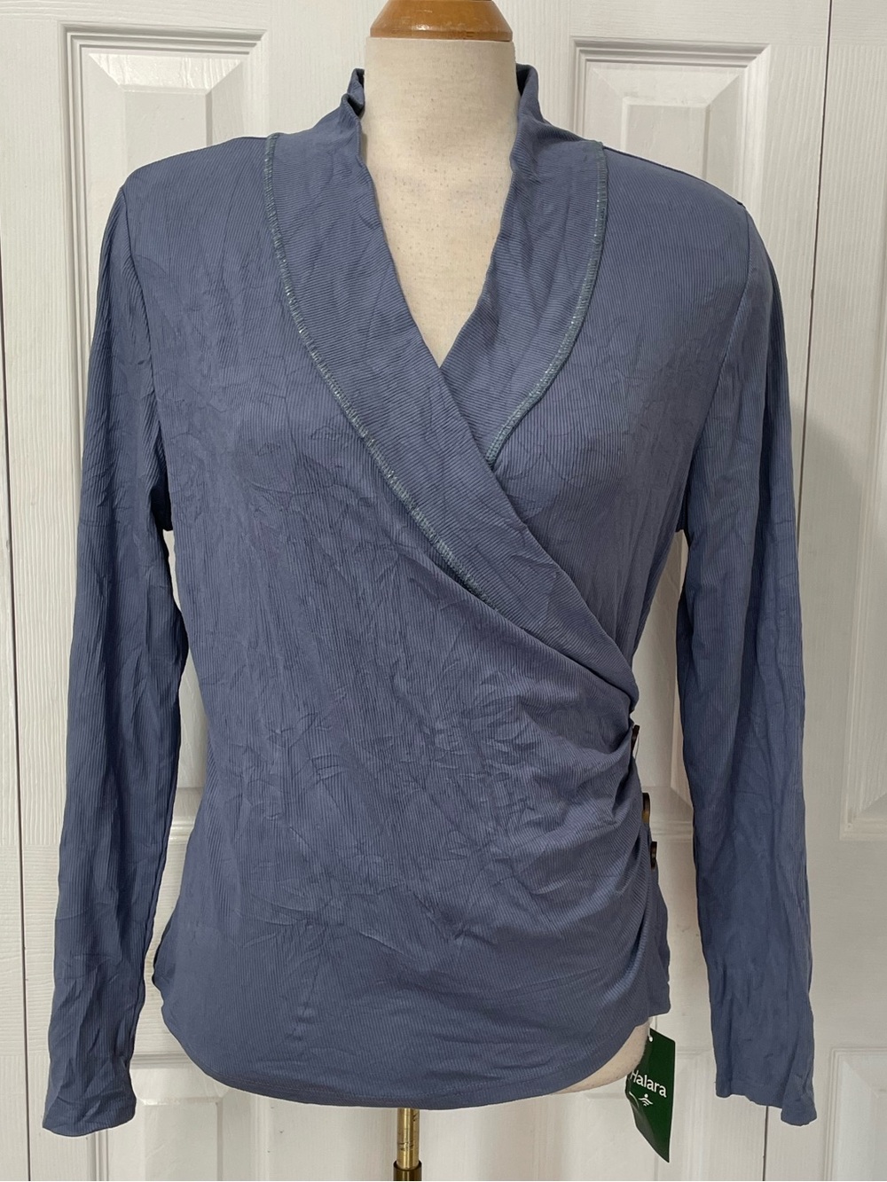 HALARA Slate Blue Wrap-Front Long Sleeve Blouse